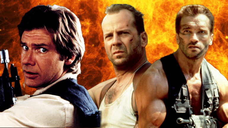 Montage of popular 1980s action movie stars and explosions