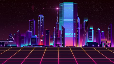 Synthwave neon grid representing the retro 1980s aesthetic