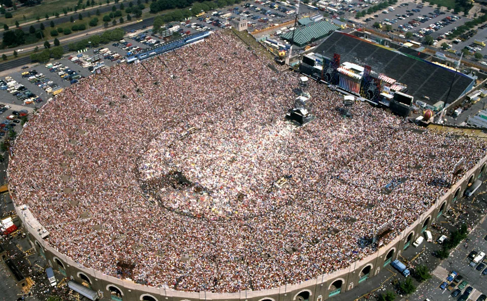 Aerial view of the massive crowd at Live Aid in Wembley Stadium, 1985