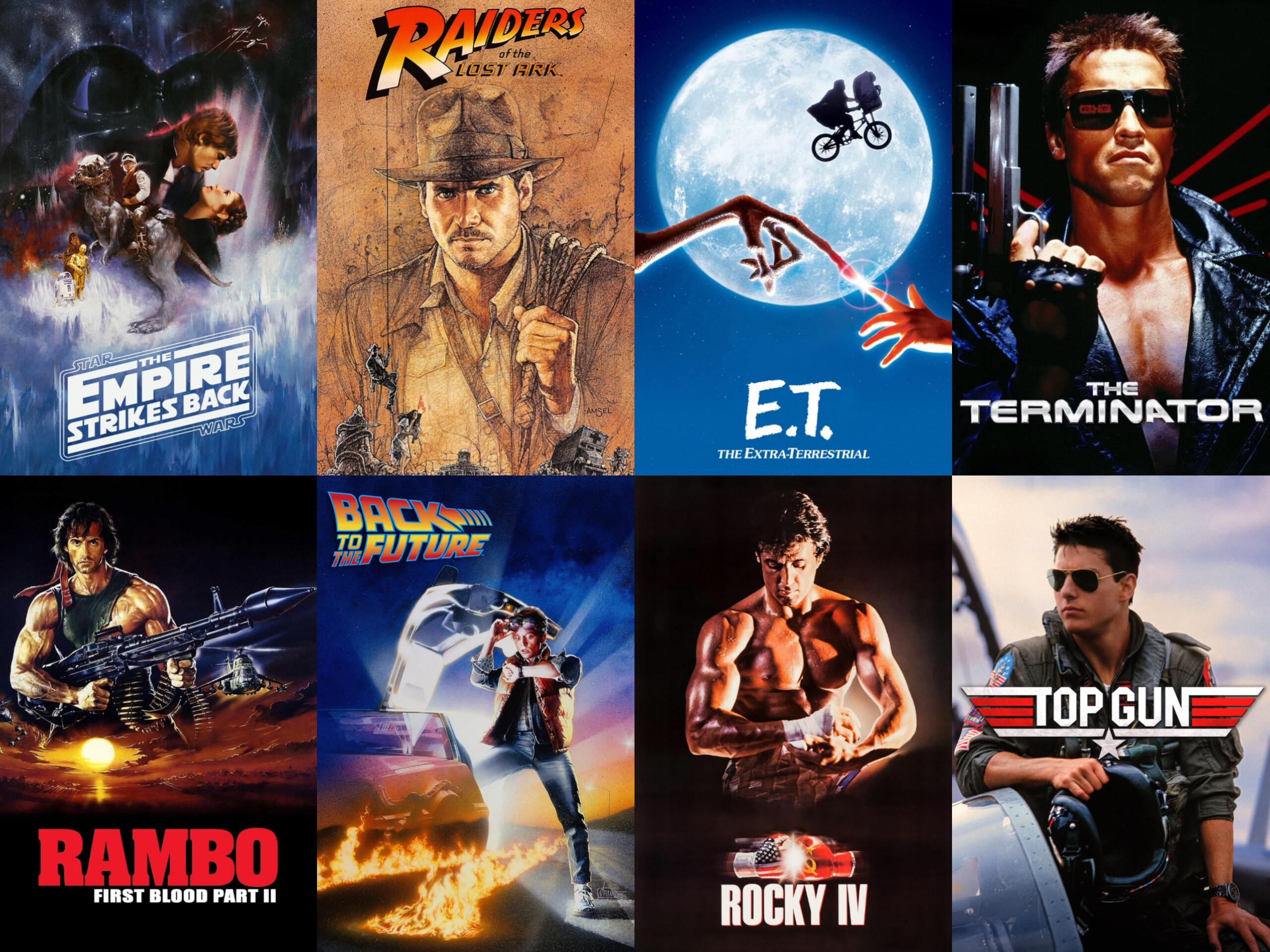 Collage of iconic 1980s blockbuster film posters
