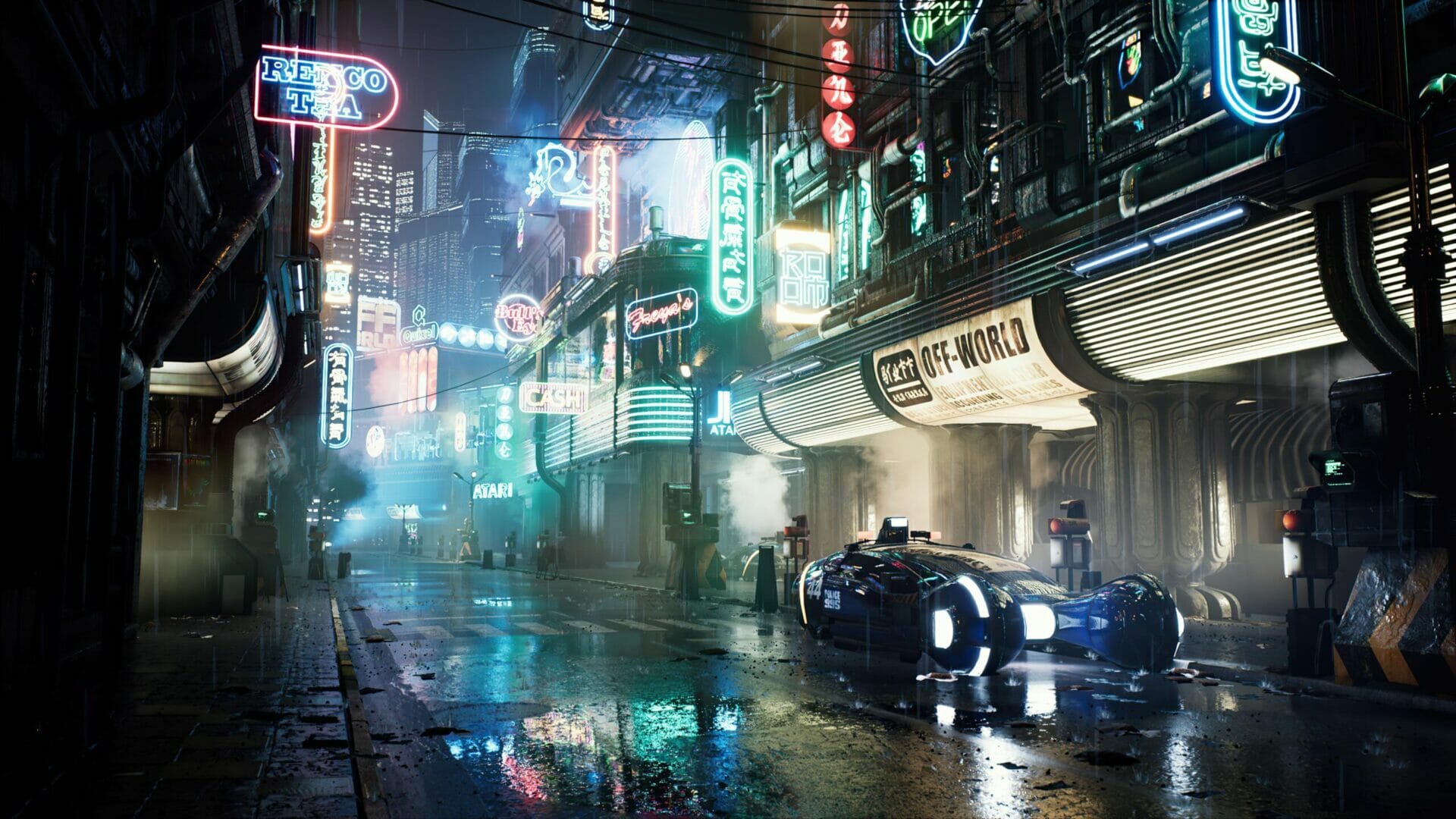 Neon-lit rainy cityscape from Ridley Scott's 1982 sci-fi film Blade Runner