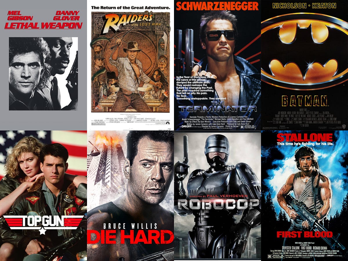 Montage of 1980s action film heroes including characters from Top Gun, Die Hard, Raiders of the Lost Ark, and The Terminator